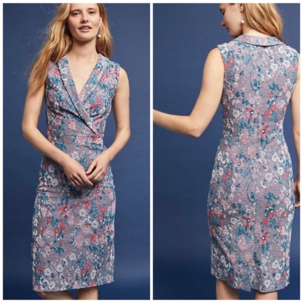 Maeve Anthropologie Gray Jacquard Floral Print Sleeveless Midi Dress Size 14
